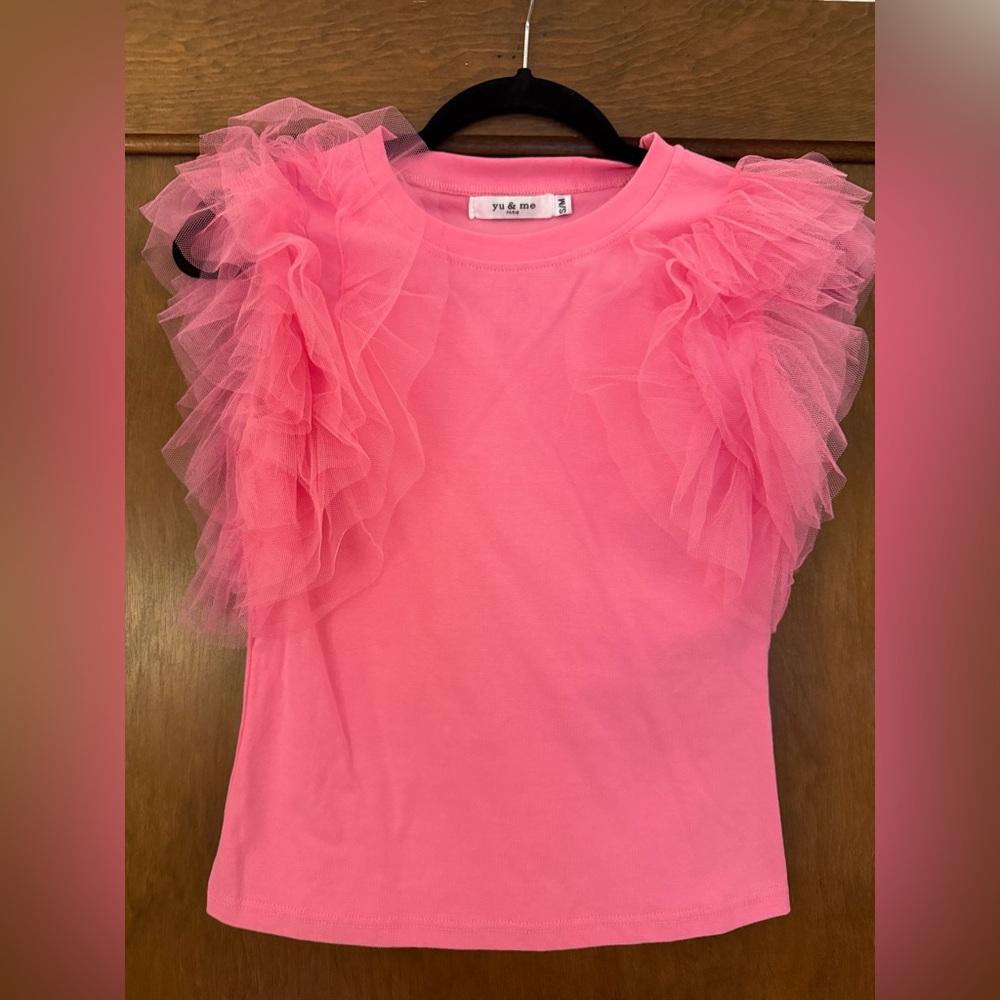 Pink Tulle Ruffle Sleeve Women’s T-Shirt  Top